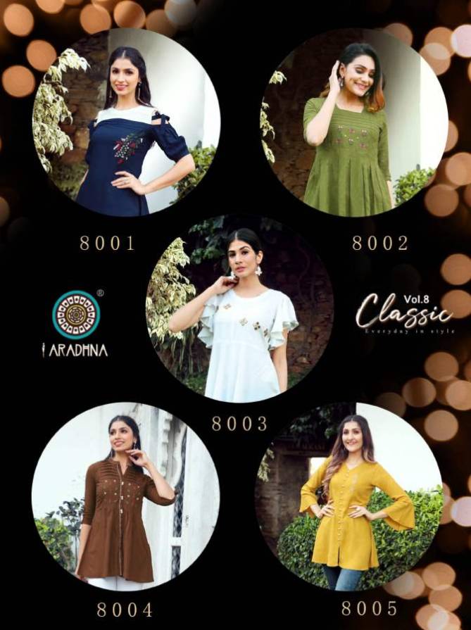 Aradhna Classic 8 Ethnic Wear Embroidery Rayon Designer Top Collection